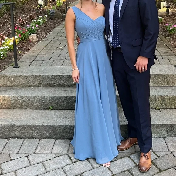 david's bridal steel blue bridesmaid dress Long Bridesmaid Dress with Crisscross Back Straps